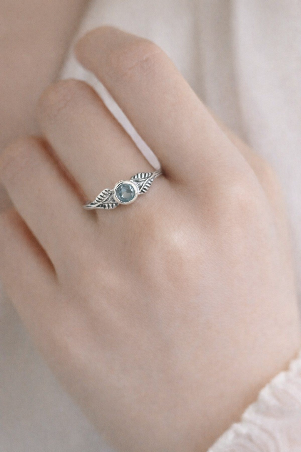 Aquamarine Leaf Halo Ring - Botanical Serenity
