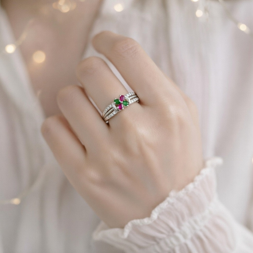 Clover Four Leaf Ruby Emerald Ring - Lucky Charm Sparkle