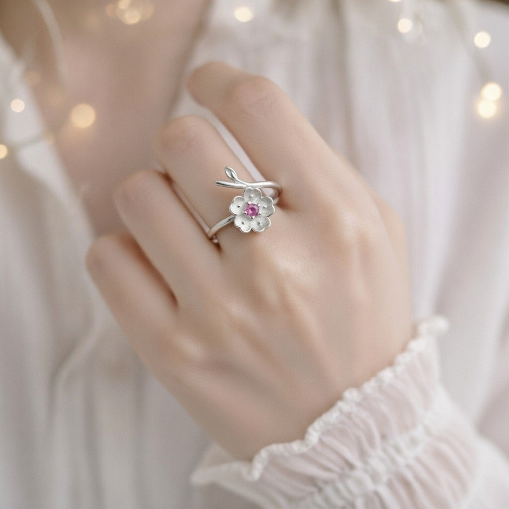 Blooming Ruby Flower Ring - Nature's Delicate Sparkle