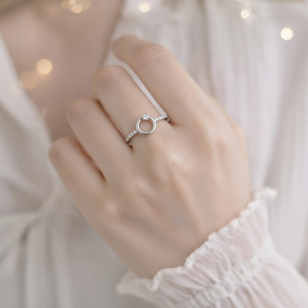 Minimalist Pave Circle Silver Ring