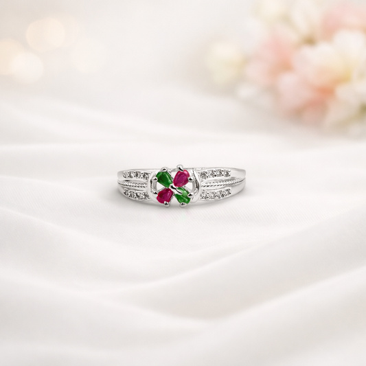Clover Four Leaf Ruby Emerald Ring - Lucky Charm Sparkle