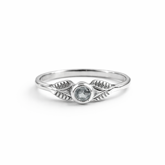Aquamarine Leaf Halo Ring - Botanical Serenity