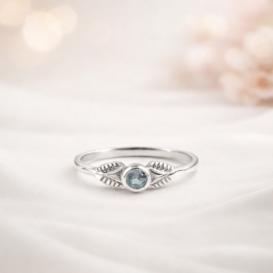 Aquamarine Leaf Halo Ring - Botanical Serenity