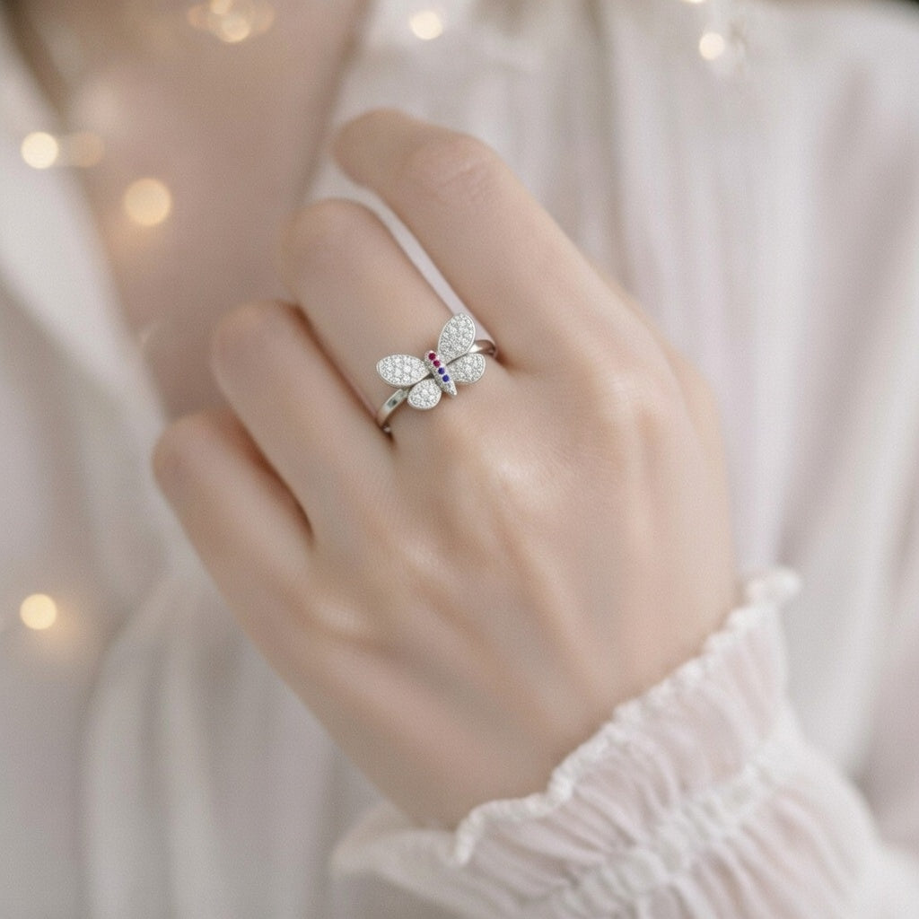 Ruby Butterfly Pavé Ring - Whimsical Wings Sparkle